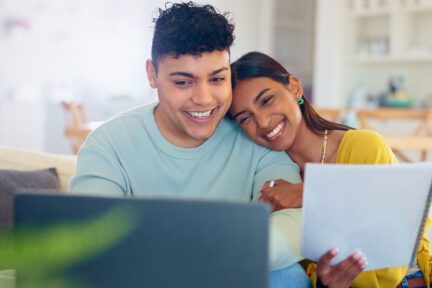 Online, investment and couple in home with laptop and paperwork for loan, mortgage or real estate. .