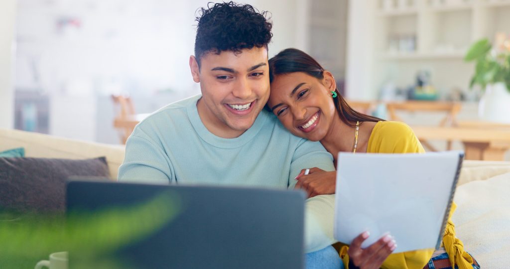 Online, investment and couple in home with laptop and paperwork for loan, mortgage or real estate. .